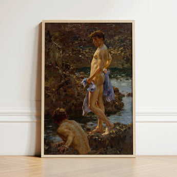 A Bathing Group (1914) - Henry Scott Tuke Art Print / Canvas Framed Classical Painting Two Nude Figures Rocky Shoreline, Cornwall’s Tidal