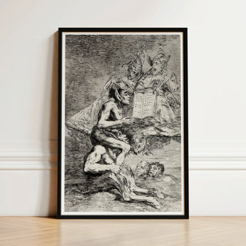 Black-framed Charcoal Sketch Print Dramatic Scene Figures Torment Goya’s Acid Etching, Skewers, Naked Witch Carried