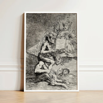 Framed Black-and-white Dramatic Scene Figures Torment Enclosed Simple Goya’s Acid Etching, Skewers, Naked Witch Carried
