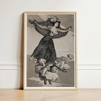 Framed Black-and-white Illustration Woman Ornate Dress Outstretched Arms Goya’s Vision Glides, Etching Unites Anatomy, Enlightenment Borne