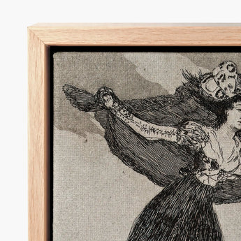 Framed Black-and-white Illustration Woman Ornate Dress Hat Enclosed Goya’s Vision Glides, Etching Unites Anatomy, Enlightenment Borne Aloft