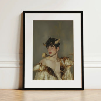 Aamon - Grand Marquis of Hell Art Print / Canvas Black-framed Painted Portrait Young Man Dark Silence, a Lithe Demon, Stands Bathed, Horns