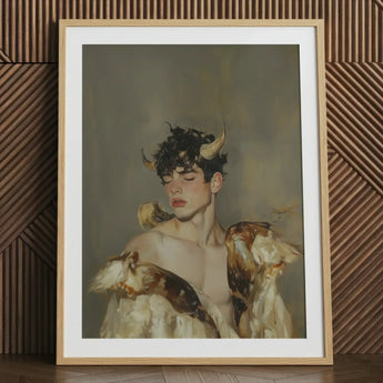 Aamon - Grand Marquis of Hell Art Print / Canvas Framed Artwork Young Man Dark Curly Hair Golden Silence, a Lithe Demon, Stands Bathed,