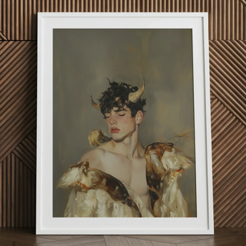 Aamon - Grand Marquis of Hell Art Print / Canvas Framed Artwork Young Man Dark Curly Hair Golden Silence, a Lithe Demon, Demon Stands