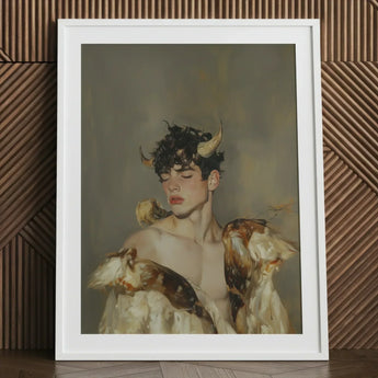 Aamon - Grand Marquis of Hell Art Print / Canvas Framed Artwork Young Man Dark Curly Hair Golden Silence, a Lithe Demon, Stands Bathed,