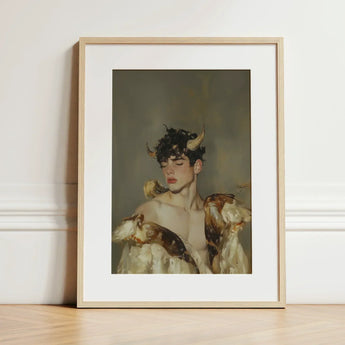 Aamon - Grand Marquis of Hell Art Print / Canvas Framed Artwork Young Man Dark Curly Hair Horns Silence, a Lithe Demon, Stands Bathed,