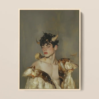 Aamon - Grand Marquis of Hell Art Print / Canvas Framed Painting Young Man Dark Curly Hair Golden Silence, a Lithe Demon, Stands Bathed,