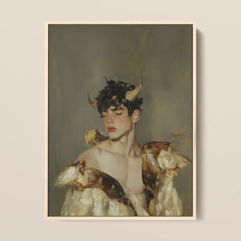 Aamon - Grand Marquis of Hell Art Print / Canvas Framed Painting Young Man Dark Curly Hair Golden Silence, a Lithe Demon, Demon Stands