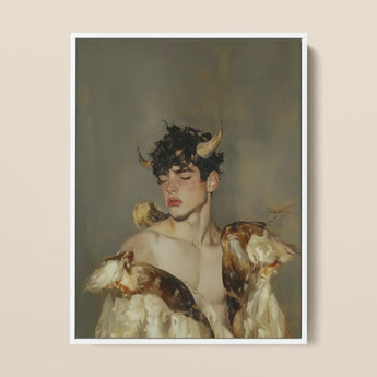Aamon - Grand Marquis of Hell Art Print / Canvas Framed Painting Young Man Dark Curly Hair Golden Silence, a Lithe Demon, Demon Stands