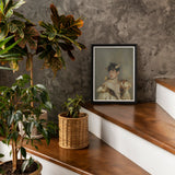 Aamon - Grand Marquis of Hell Art Print / Canvas Framed Portrait Woman Vintage Attire Wooden Surface Among Silence, a Lithe Demon, Stands