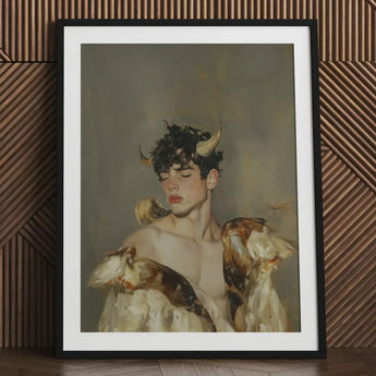 Aamon - Grand Marquis of Hell Art Print / Canvas Framed Portrait Young Man Dark Curly Hair Golden Silence, a Lithe Demon, Stands Bathed,