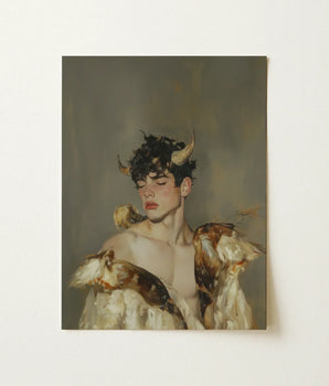 Rectangular Canvas Painting Young Man Dark Curly Hair Silence, a Lithe Demon, Stands Bathed, Horns Curling Delicately