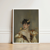 Framed Artwork Young Man Dark Curly Hair Horns Silence, a Lithe Demon, Stands Bathed, Curling Delicately