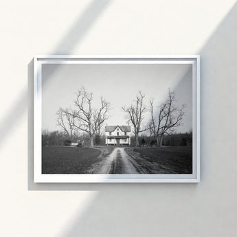 Minimalist White-framed Black-and-white Photograph Rustic Farmhouse Surrounded Bare Highsmith Art Print, Clapboard House, Abandoned Home