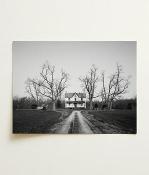 Black-and-white Photographic Print Two-story Farmhouse Gabled Roof Porch Highsmith Art, Clapboard House, Abandoned Home