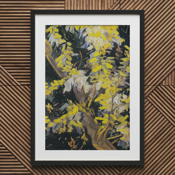 Acacia Branches - Vincent Van Gogh Art Print / Canvas Black Framed Yellow Flower White, Light Fractures, Petals Shaped Prints