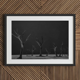 Acacia Trees of Deadvlei Art Print, 30x20’’ / 76x51cm / Black Frame / 2’’ Matboard, Framed Black White Photograph Dead Trees Desolate
