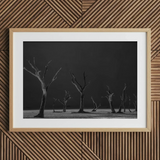 Acacia Trees of Deadvlei Art Print, 30x20’’ / 76x51cm / Natural Frame / 2’’ Matboard, Framed Black White Photograph Dead Trees Stark