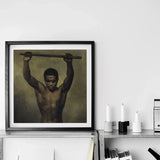 Academy Study of a Man - French School 19th c Art Print / Canvas Black-framed Artwork Muscular Wooden Pole Earthy-toned Background