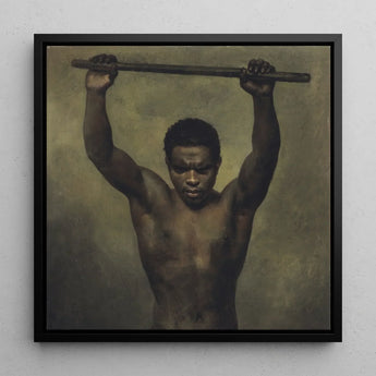 Academy Study of a Man - French School 19th c Art Print / Canvas Black-framed Painting Muscular Dark Skin Wooden Bar Academic, Life, Raw