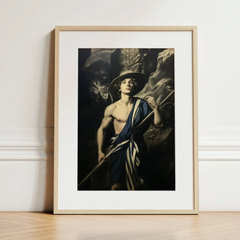 Achillean Beat - Gay Explorer Art Print / Canvas 12x16’’ / 31x41cm / Natural Frame / Matboard Framed Art Print Classical Male Figure Blue