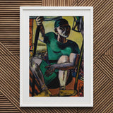 Acrobat on the Trapeze - Max Beckmann Art Print / Canvas Framed Artwork Stylized Figure Green Attire Seated Orange Beckmann’s, Performer’s