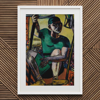 Acrobat on the Trapeze - Max Beckmann Art Print / Canvas Framed Artwork Stylized Figure Green Attire Seated Orange Beckmann’s, Performer’s