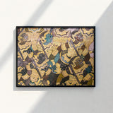 Framed Artwork Intricately Detailed Colorful Mythological Figures Ornate Vibrant Thai Fresco, Tumultuous Battle Scene, Ancient Temple