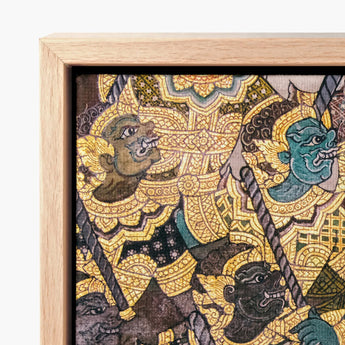 Framed Piece Ornate Traditional Thai Artwork Intricately Detailed Vibrant Fresco, Tumultuous Battle Scene, Ancient Temple