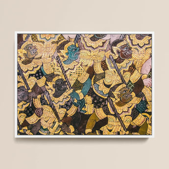 Action Men - Ancient Thai Temple Art Print / Canvas Vibrant Intricately Detailed Framed Artwork Dynamic Battle Scene Thai Fresco,