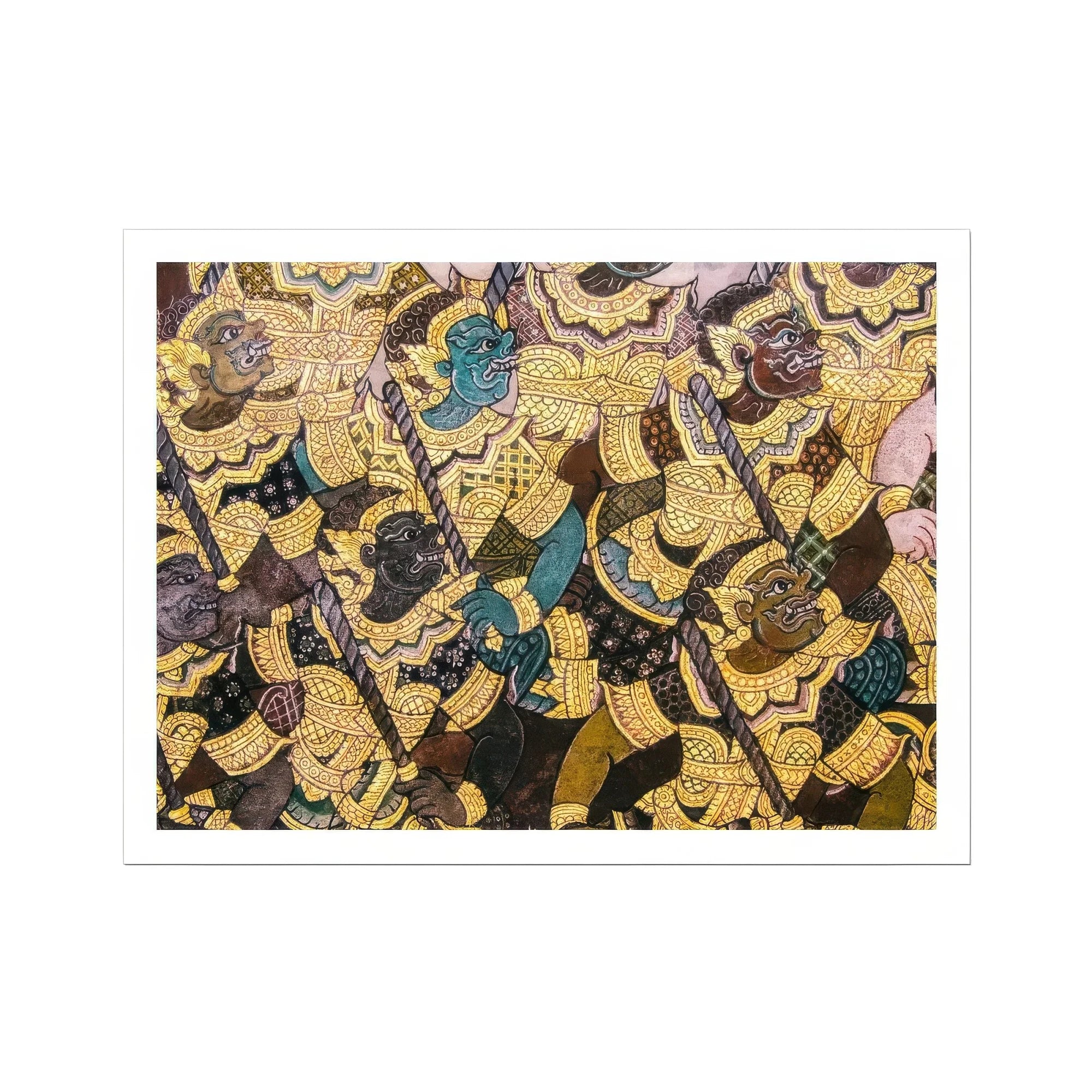 Action Men - Ancient Thai Temple Art Print, Traditional Thai Mural Painting Mythological Figures Gold Blue