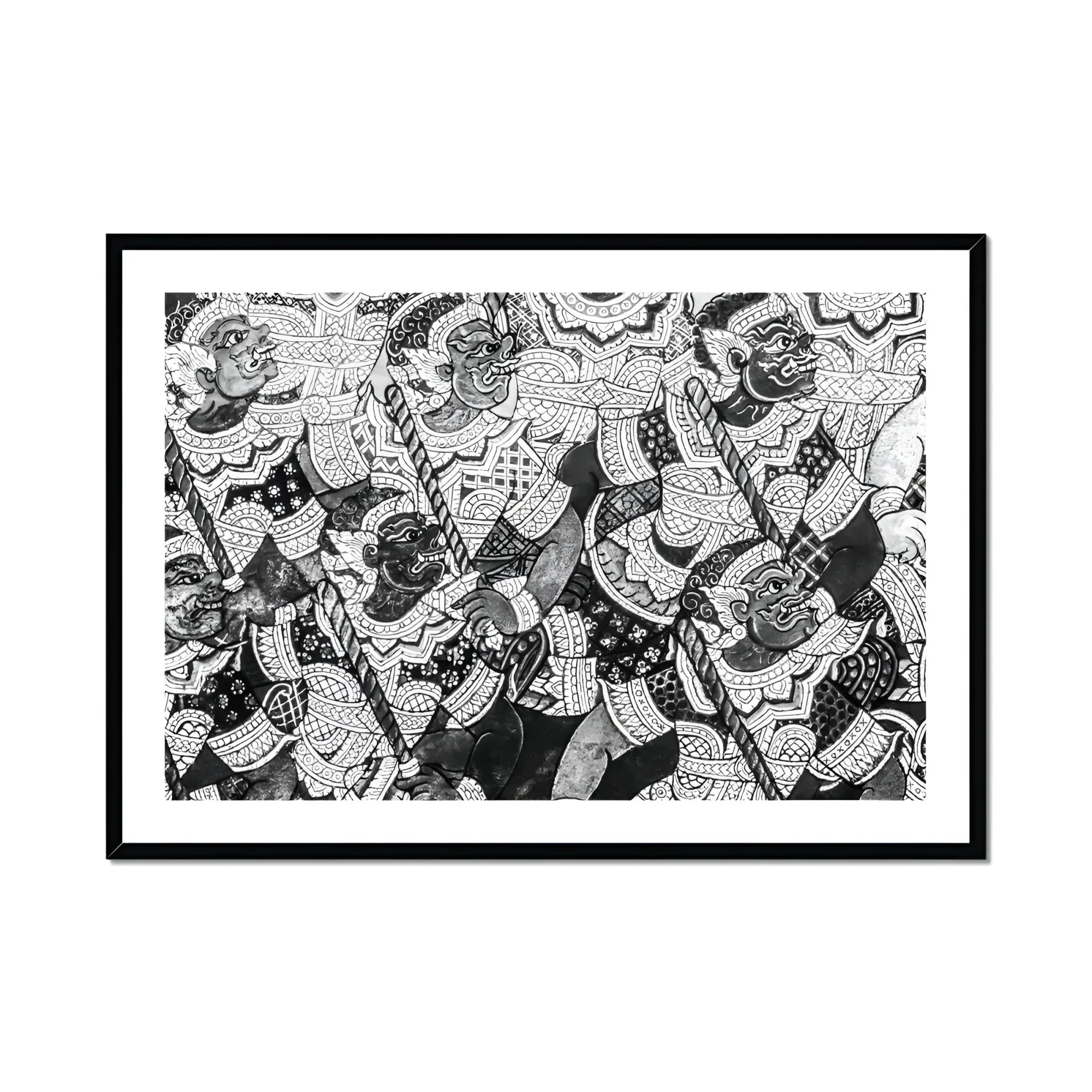 Action Men - Black and White Thai Temple Art Print, Black White Abstract Artwork Geometric Patterns Designs