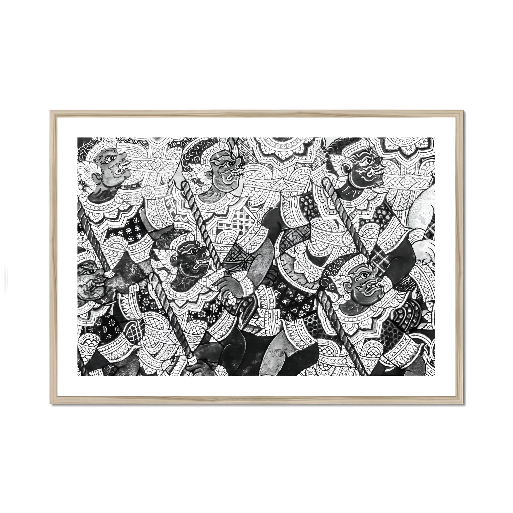 Action Men - Black and White Thai Temple Art Print, Black White Abstract Artwork Intricate Geometric Patterns Designs
