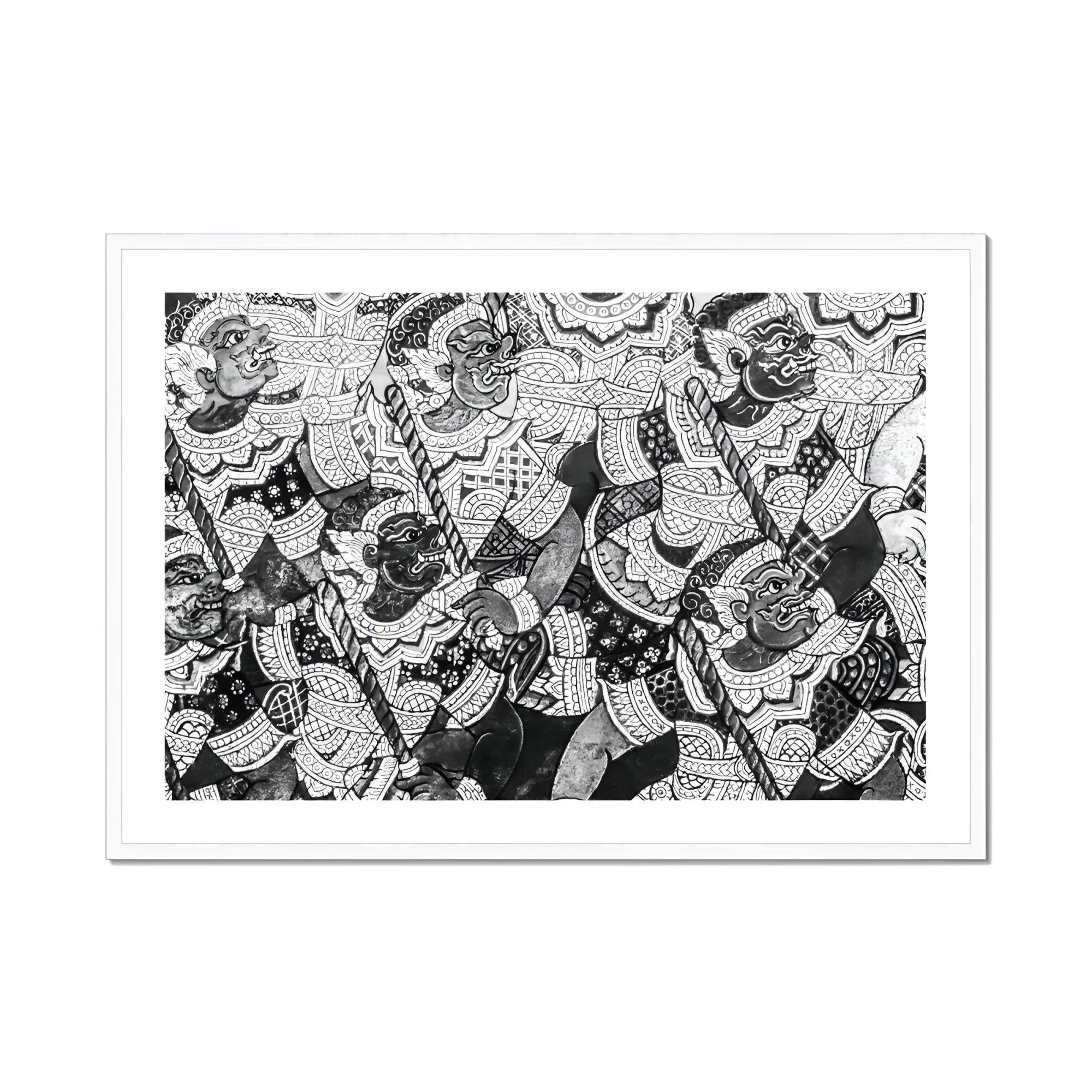 Action Men - Black and White Thai Temple Art Print, Black White Abstract Pattern Geometric Shapes Curved Lines