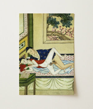 Vintage-style Illustrated Print Two Figures Traditional Attire Bed Bertholet Collection Art, Scholar’s Gaze Anchors, Composition Unfolds