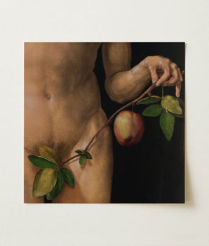 Classical Oil Painting Nude Male Figure Apple Branch Dürer’s Adam Grips, Northern Renaissance Master, Renders, Flesh, Raw Sienna Layered,