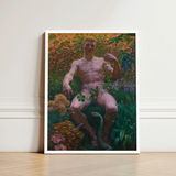 Adam in Paradise - Kristian Zahrtmann Fine Art Print / Canvas Framed Nude Male Figure Seated Amidst Detonates Genesis, Marble Satyr