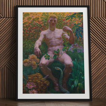 Adam in Paradise - Kristian Zahrtmann Fine Art Print / Canvas Black Framed Man Center Surrounded Vibrant Detonates Genesis, Marble Satyr