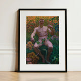 Adam in Paradise - Kristian Zahrtmann Fine Art Print / Canvas Black-framed Nude Male Figure Seated Amidst Detonates Genesis, Marble Satyr