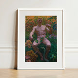 Adam in Paradise - Kristian Zahrtmann Fine Art Print / Canvas Framed Nude Male Figure Seated Amidst Detonates Genesis, Marble Satyr