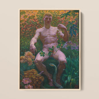 Adam in Paradise - Kristian Zahrtmann Fine Art Print / Canvas Framed Painting Nude Male Figure Seated Amidst Lush Paradise Detonates