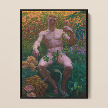Adam in Paradise - Kristian Zahrtmann Fine Art Print / Canvas Framed Painting Nude Male Figure Seated Amidst Lush Paradise Detonates