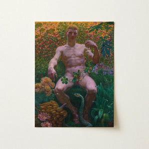 Adam in Paradise - Kristian Zahrtmann Fine Art Print / Canvas Vibrant Oil Painting Nude Male Figure Seated Amidst Detonates Genesis, Marble