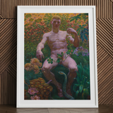 Adam in Paradise - Kristian Zahrtmann Fine Art Print / Canvas White Framed Poster Man Nature Green Plants Flowers Paradise Detonates