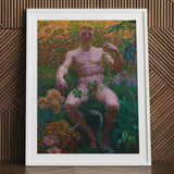 Adam in Paradise - Kristian Zahrtmann Fine Art Print / Canvas White Framed Poster Man Nature Green Plants Flowers Detonates Genesis, Marble
