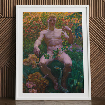 Adam in Paradise - Kristian Zahrtmann Fine Art Print / Canvas White Framed Poster Man Nature Green Plants Flowers Detonates Genesis, Marble
