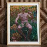 Adam in Paradise - Kristian Zahrtmann Fine Art Print / Canvas Wooden Framed Artwork Nude Male Figure Seated Amidst Detonates Genesis,