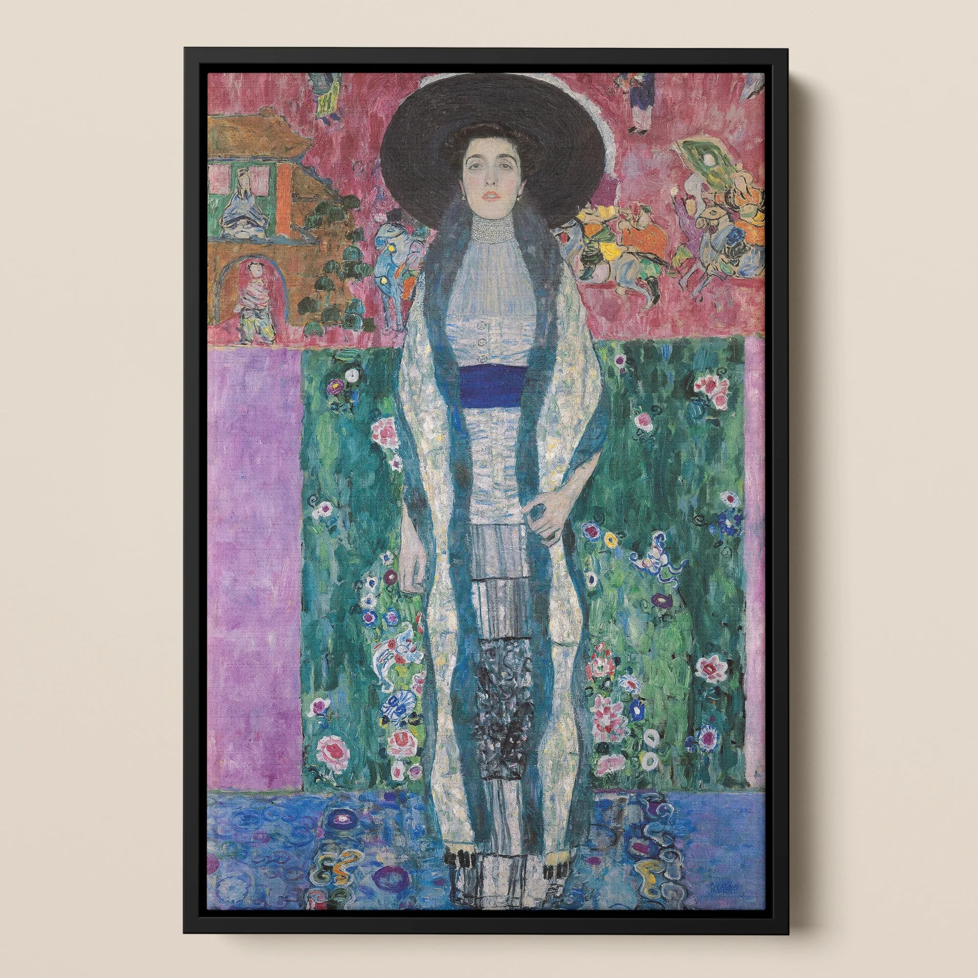 Adele Bloch-bauer - Gustav Klimt Framed Canvas, Portrait Painting Woman Wide-brimmed Hat Long Patterned Dress