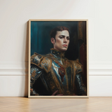 Framed Portrait Man Ornate Dark Blue Gold Armor Ostentatious Military, Regal Splendor, Art Print