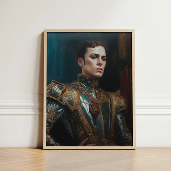 Framed Portrait Man Ornate Dark Blue Gold Armor Ostentatious Military, Regal Splendor, Art Print